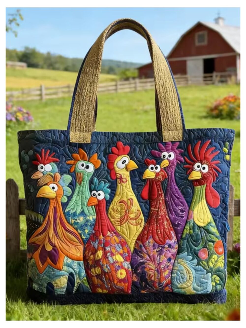 NNWT Colorful Quilted Chicken Tote Bag Whimsical Hen Printed Pattern Handbag - Picture 1 of 5